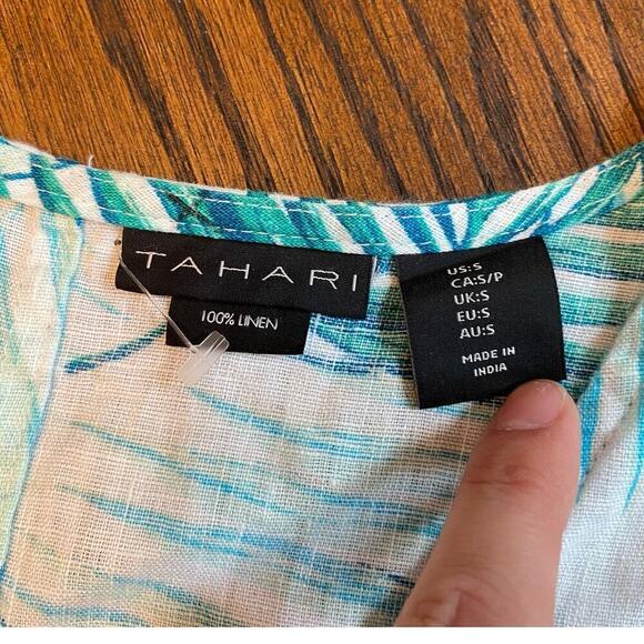 Tahari 100% Linen Palm Leaf Teal Short Dress Womens sz S Casual Tropical Relaxed - Picture 2 of 10
